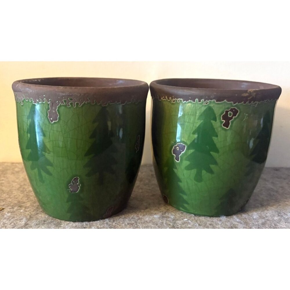 2 Mud Pie Vase/Pots  Green Pottery with Embossed Evergreen Trees 5" x 5"  # 2708